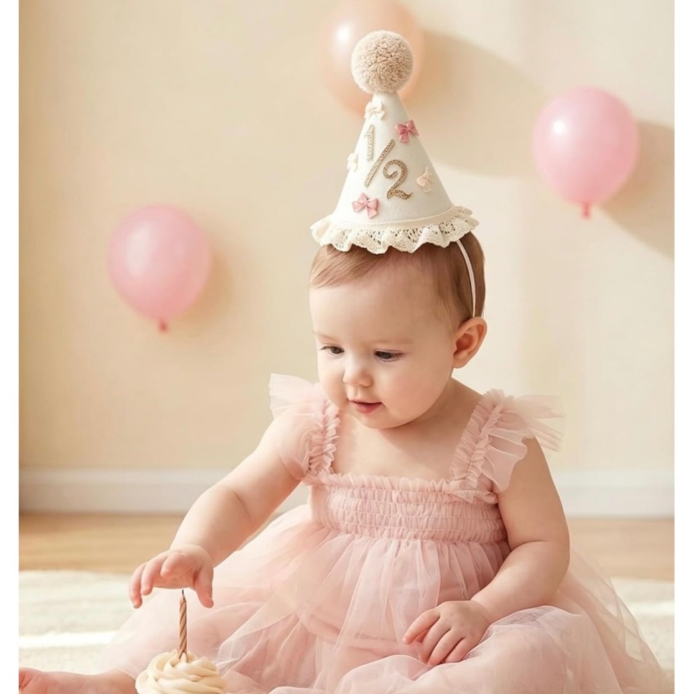 1/2 Half Birthday Party Hat Baby Pink Cream 6 Months Lace Bows Pom Pom Princess